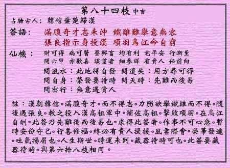 黄大仙灵签 第84签:中吉 韩信弃楚归汉