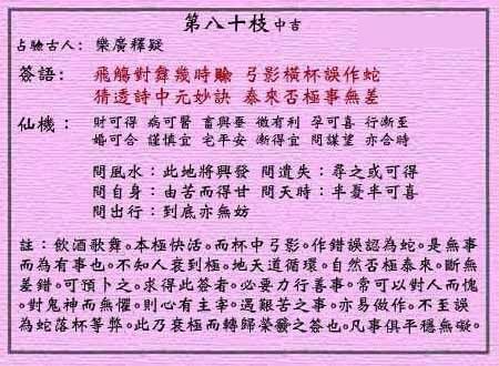 黄大仙灵签 第80签:中吉 乐广释疑中